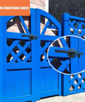 Heavy Duty Stainless Steel Gate Latch For Wooden Fences And Garden Pools on blue wooden gates, double sided design, secure and rust resistant.