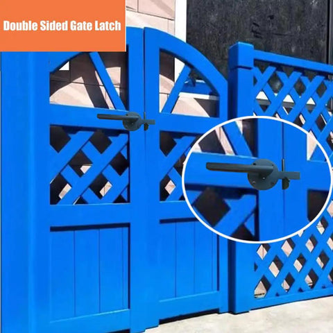 Heavy Duty Stainless Steel Gate Latch For Wooden Fences And Garden Pools on blue wooden gates, double sided design, secure and rust resistant.