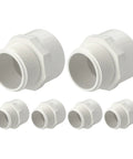 Six Piece 1 1/4 Inch PVC Pipe Fitting Set SCH40 NPT Male Thread Adapter And Slip Coupling Connector for Furniture and Irrigation System White