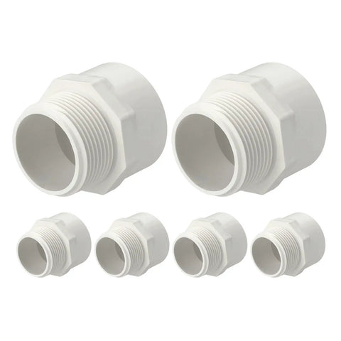 Six Piece 1 1/4 Inch PVC Pipe Fitting Set SCH40 NPT Male Thread Adapter And Slip Coupling Connector for Furniture and Irrigation System White