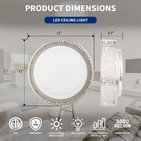 Dimensions of 2 Pack 12 Inch LED Flush Mount Ceiling Lights, showing 12-inch diameter and 3.7-inch depth, brushed nickel finish