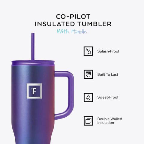 Co Pilot Insulated Travel Mug With Straw And Flip Cap Lids 40 Oz Leak Proof Cup Holder Friendly Aurora Color with handle