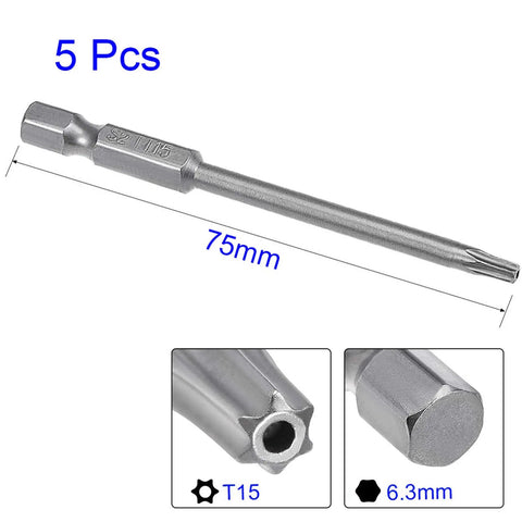 T15 Torx Security Screwdriver Bits Set Features S2 Steel Heavy Duty Magnetic Tips 1/4 Inch Hex Shank And 3 Inch Length For Tamper Proof Jobs, 75mm