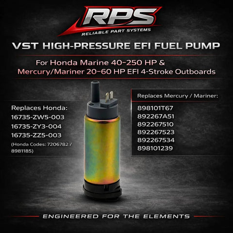 Honda EFI Outboard High Pressure Fuel Pump Built Beefed Up For Forty To Two Hundred Fifty HP BF Series And Mercury F Thirty To F Sixty Four Stroke Engines OEM Replacement Five Sixteenth Inch Inlet Outlet Marine Drop In Ready For Honda And Mercury Boats