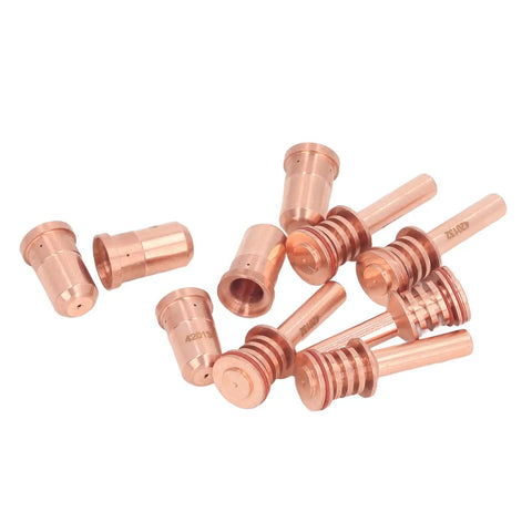 Solid Prime Kit For Plasma Cutter With 5 Brass Nozzles And Electrodes Fit PMX 30AIR Torch replacement brass nozzles on a white background.