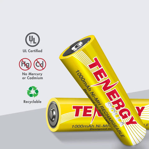Solla NiMH AA Rechargeable Battery Pack 1000mAh Anti Leak For Solar Garden Lights, yellow battery with UL certification icons