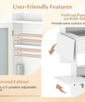 Features of Girls 20 Inch Vanity Desk With Lighted Mirror And Charging Station showing fold-up panels and mirrored cabinet with adjustable shelf