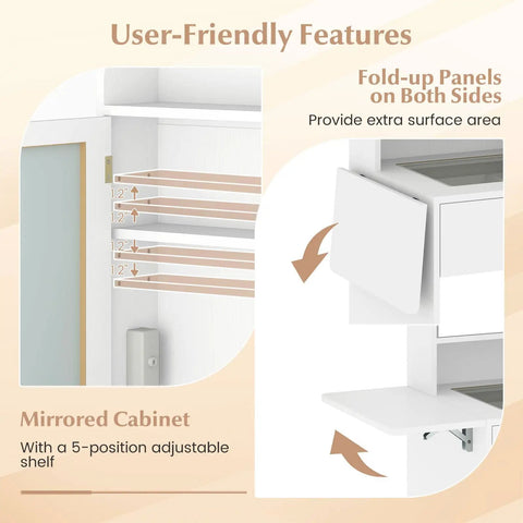 Features of Girls 20 Inch Vanity Desk With Lighted Mirror And Charging Station showing fold-up panels and mirrored cabinet with adjustable shelf