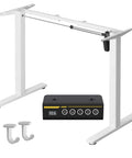 Gamork Electric Standing Desk Frame For 40 To 63 Inch Tabletops with control panel and hooks, white heavy-duty design.