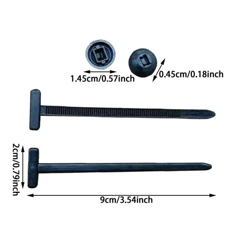 Heavy Duty Universal Nylon Cable Tie Buckles Self Locking Zip Ties Holder For Auto Bumpers Retainers And Fasteners Plastic Rivets Quick Fix Kit 50 Pieces, showing measurements.