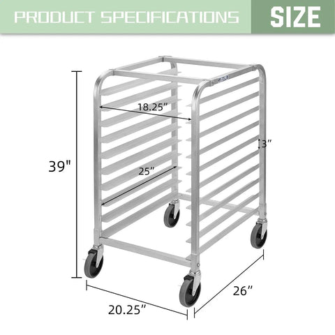 Mobile 10 Tier Bun Pan Rack With Wheels, Heavy Duty Aluminum Sheet Pan Rack Holds 10 Full Size Or 20 Half Size Pans, 90 Lb Per Shelf