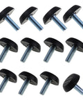 Set Of Twelve Adjustable Furniture Levelers With 1/4 20 Unc Thread Table Feet and Chair Glides to Fix Wobbly Legs, showing rubber and steel design.