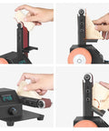 Kick Your Shop Jobs Into High Gear With This Compact Mini Belt Sander Benchtop Polisher adjusting wood at 135 degrees on digital panel.