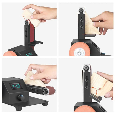 Kick Your Shop Jobs Into High Gear With This Compact Mini Belt Sander Benchtop Polisher adjusting wood at 135 degrees on digital panel.