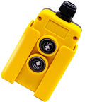 Yellow dump trailer remote control switch 12V DC up and down control for lift gate trucks and tippers, momentary buttons visible.