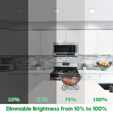 Kitchen with Six Inch Canless LED Recessed Lights With Jbox Dimmable 5000K 1050LM showing dimmable settings from 10% to 100%.