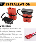 1/0 AWG Battery Quick Connect Wire Harness Kit 175A Red 2 Pcs Plugs For Winch Auto Car Trailer And Electrical Devices Quick Connect Disconnect Plug Set Plug And Play shown with installation guide, displaying red connectors and wires.
