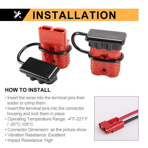 1/0 AWG Battery Quick Connect Wire Harness Kit 175A Red 2 Pcs Plugs For Winch Auto Car Trailer And Electrical Devices Quick Connect Disconnect Plug Set Plug And Play shown with installation guide, displaying red connectors and wires.