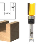 Pro Grade Four Piece Flush Trim Router Bit Set Half Inch Diameter Quarter Inch Shank One Quarter To One Inch Cut Lengths with wooden block.