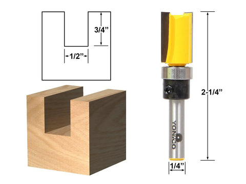 Pro Grade Four Piece Flush Trim Router Bit Set Half Inch Diameter Quarter Inch Shank One Quarter To One Inch Cut Lengths with wooden block.
