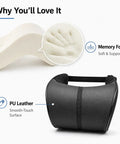 Slick Comfort Memory Foam Car Headrest Neck Pillow For Tesla Cybertruck 2024 To 2026 With Adjustable Straps showing soft memory foam and PU leather.