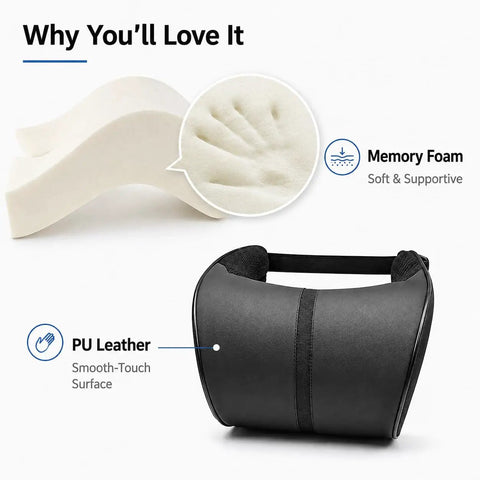 Slick Comfort Memory Foam Car Headrest Neck Pillow For Tesla Cybertruck 2024 To 2026 With Adjustable Straps showing soft memory foam and PU leather.