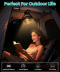 Massive 40000mAh Clip On Fan With Light illuminating a woman reading in a tent, showcasing portability and USB rechargeable design.