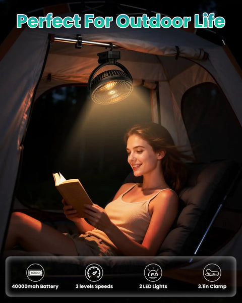 Massive 40000mAh Clip On Fan With Light illuminating a woman reading in a tent, showcasing portability and USB rechargeable design.
