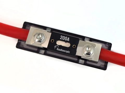 0 Gauge In Line ANL Fuse Holder With 200 Amp Fuse For Car Audio Power Wiring, Easy Set Screws, Accepts 0 Or 2 Gauge Wire