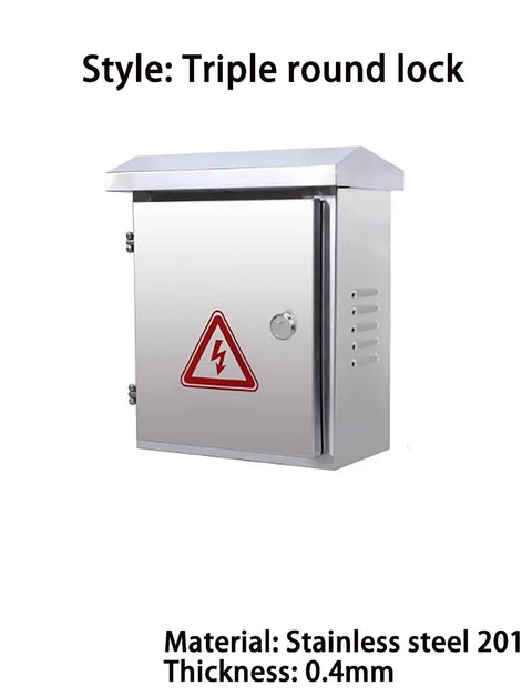 Front view of Indoor Outdoor Electrical Cabinet For Home And Industrial Monitoring Control Panel Enclosure Custom Empty Distribution Chest Weatherproof Ready To Roll Built To Last Outdoor Enclosure Fits 30x25x16 Cm 11.8x9.9x6.3 In, stainless steel with triple round lock design.