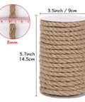 Heavy Duty 50 Foot 8mm Jute Rope For Crafts And Cat Scratcher Posts Bundling And Hanging Natural Thick Twine Durable Jute For DIY Projects And Home Decor, with measurements of 8mm thickness, 9cm width, and 14.5cm height