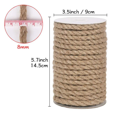 Heavy Duty 50 Foot 8mm Jute Rope For Crafts And Cat Scratcher Posts Bundling And Hanging Natural Thick Twine Durable Jute For DIY Projects And Home Decor, with measurements of 8mm thickness, 9cm width, and 14.5cm height