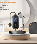 Grip And Go Portable Level 2 Ev Charger 40 Amp 23 Ft Cord Nema 14-50p Home Ev Charging Station Sae J1772 shown with bag and user manual.