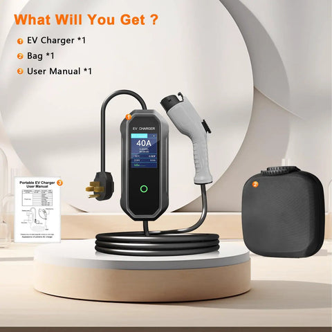 Grip And Go Portable Level 2 Ev Charger 40 Amp 23 Ft Cord Nema 14-50p Home Ev Charging Station Sae J1772 shown with bag and user manual.