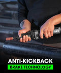 User operating a Heavy Duty 24 Volt Brushless Cordless Die Grinder with anti-kickback safety on metal surface.