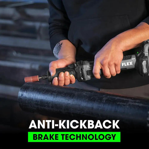 User operating a Heavy Duty 24 Volt Brushless Cordless Die Grinder with anti-kickback safety on metal surface.