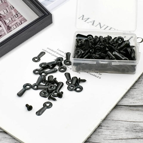 Black metal picture frame hardware set with 160 screws, turn buttons, and hanging hangers in a clear plastic box