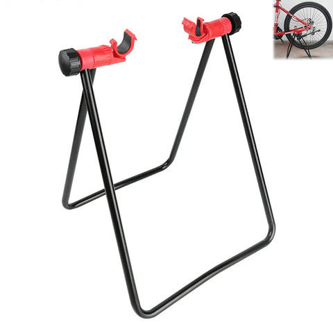 Garage Ready Vertical Triangle Bike Stand For Indoor Parking And Maintenance, black metal frame, red clamps, space-saving design
