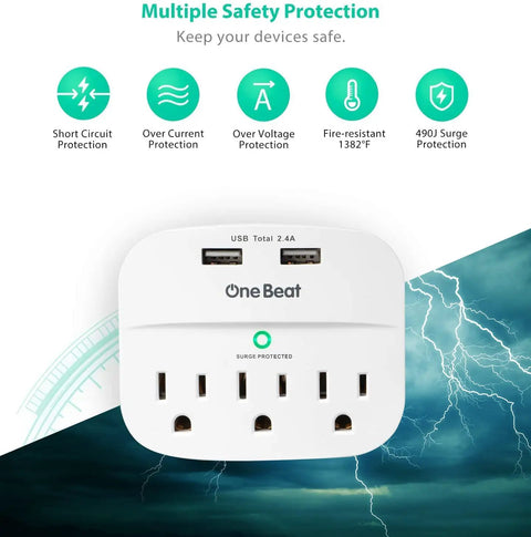 3 Outlet Surge Protector Power Strip With Dual USB Chargers 2.4A Fast Charge 490 Joule Protection ETL Listed Wall Adapter, safety features displayed
