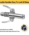 Grease gun quick-connect coupler, front view; 90° adapter and double-lever jaws in chrome metal.