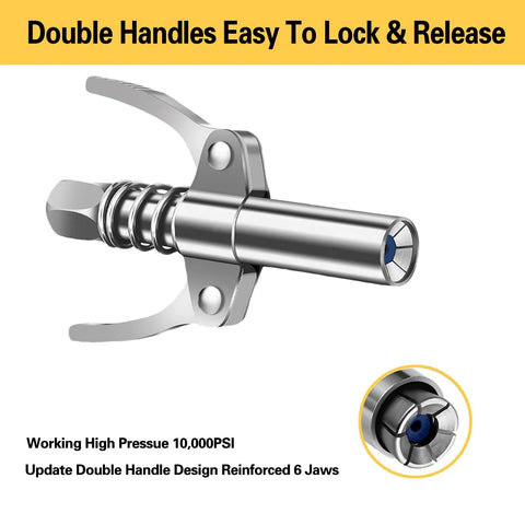 Grease gun quick-connect coupler, front view; 90° adapter and double-lever jaws in chrome metal.