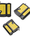 Adjustable Coax Cable Crimper Kit For RG6 RG59 RG11 With F Compression Connectors, black and yellow components with cable tester view