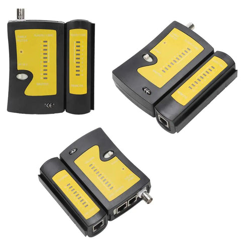 Adjustable Coax Cable Crimper Kit For RG6 RG59 RG11 With F Compression Connectors, black and yellow components with cable tester view