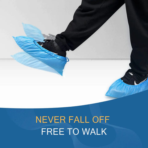 Person wearing Disposable Non Slip Indoor Shoe Covers Waterproof CPE Booties 50 Pairs Large Fits US Men 11 And Women 13 Blue