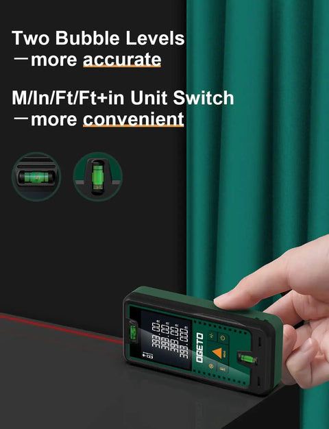 Laser Distance Meter With 393 Feet Range, Digital Backlit LCD, 6-Digit Display, showing two bubble levels