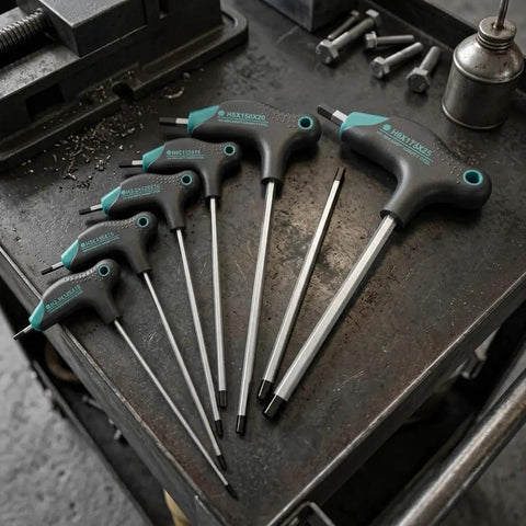 Get Your Hands Dirty With This Tough L Shape Hex Key Set Featuring A Sweet T Handle Design That Lets You Crank Torque Like A Boss For Bike Mods, Car Repairs And Furniture Fixes In No Time At All. 7-piece T-handle hex key set