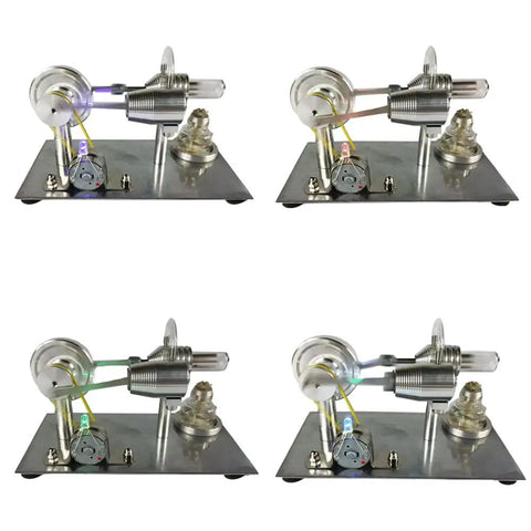 Mini Stirling Engine Science Toy For Hands On Learning Real Working Heat Engine With Cool Colorful LED Lights Generator And Educational Model For Physics Experiments STEM Gift Silver Finish, showing four units on display.
