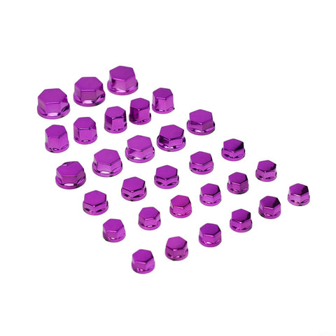 Purple 30 Piece Motorcycle Bolt Cap Covers Assortment Kit With Hex Head Dome Caps For Engine Frame And Fairing Protection Fits Kawasaki Honda Suzuki Dirt Bikes Chrome Plated Plastic Finish, purple bolt covers