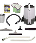Heavy Duty Commercial Backpack Vacuum With Slick HEPA Media Filtration And Killer Restaurant Tool Kit attached with hose, tools, and filters.