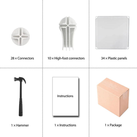 Parts included in 9 Cube White Storage Organizer Set: connectors, plastic panels, hammer, instructions, package for assembly.